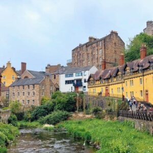 Beautiful view of Dean Village Edinburgh from a little bridge